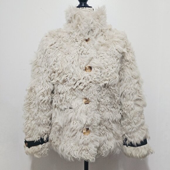 New Real Mongolian Curly Sheepskin Lamb Fur Coat Jacket Stone Creamy Off-White - Picture 1 of 5